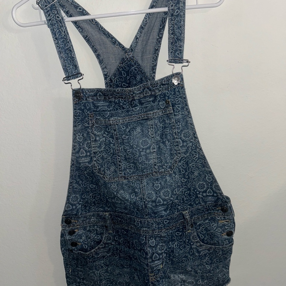 Denim Overall Shorts with Paisley Print
